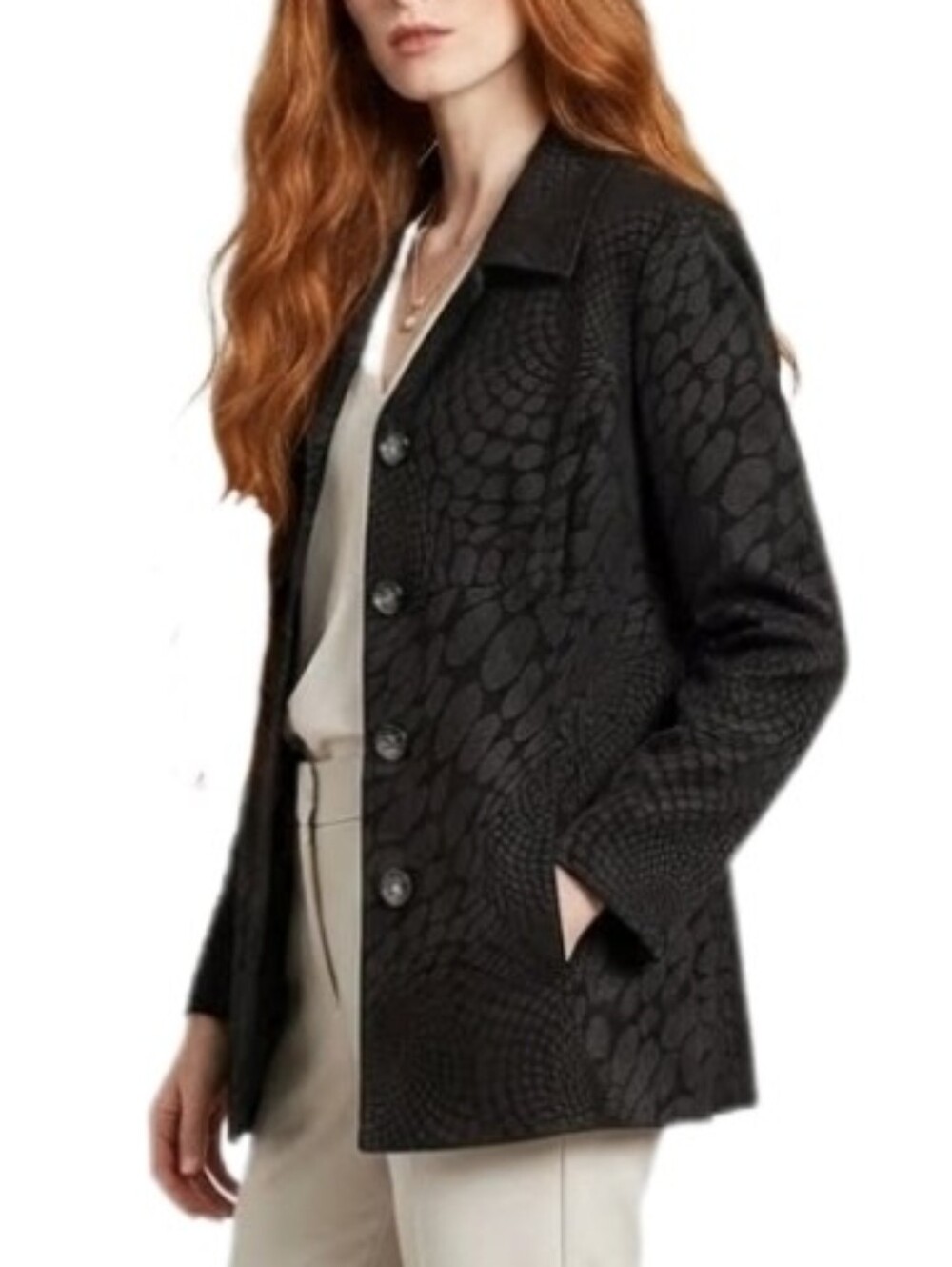 Erin London Coat Leather Look Goemetric Snake Skin Vibe Pattern Black Size L